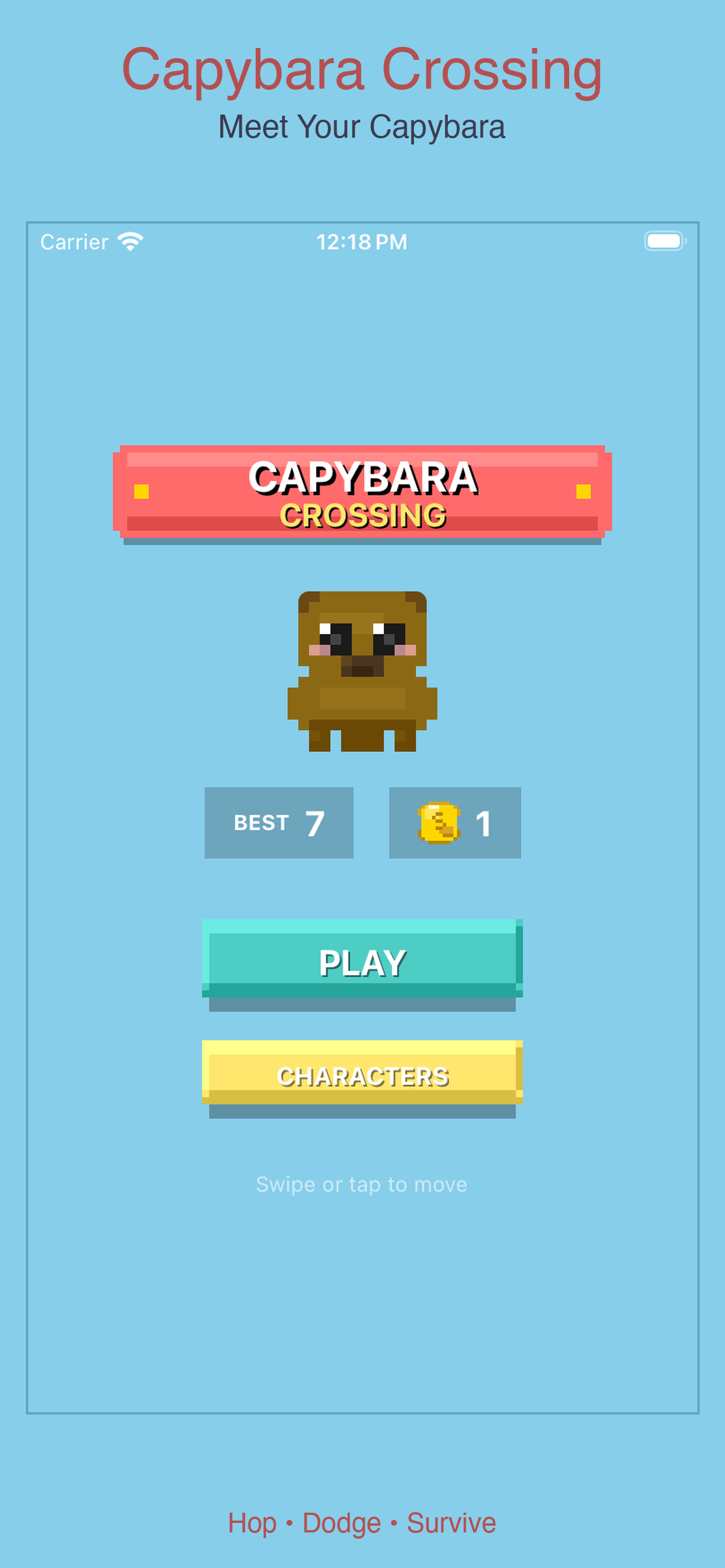 Capybara Crossing title screen with the pixel-art capybara character, best score, and Play and Characters buttons
