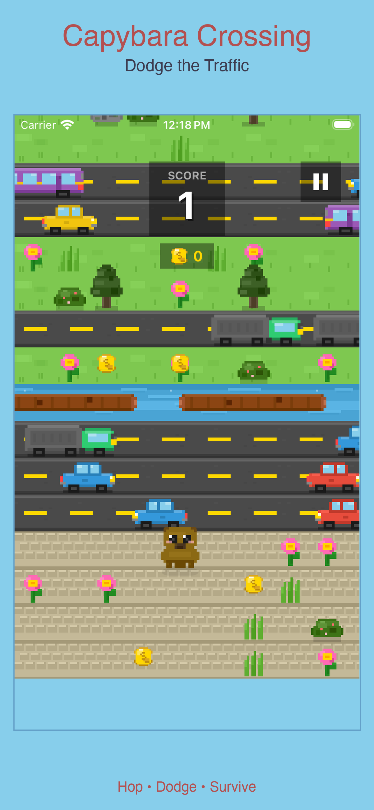 Capybara Crossing gameplay: the capybara dodging cars, buses, and trucks across a multi-lane road