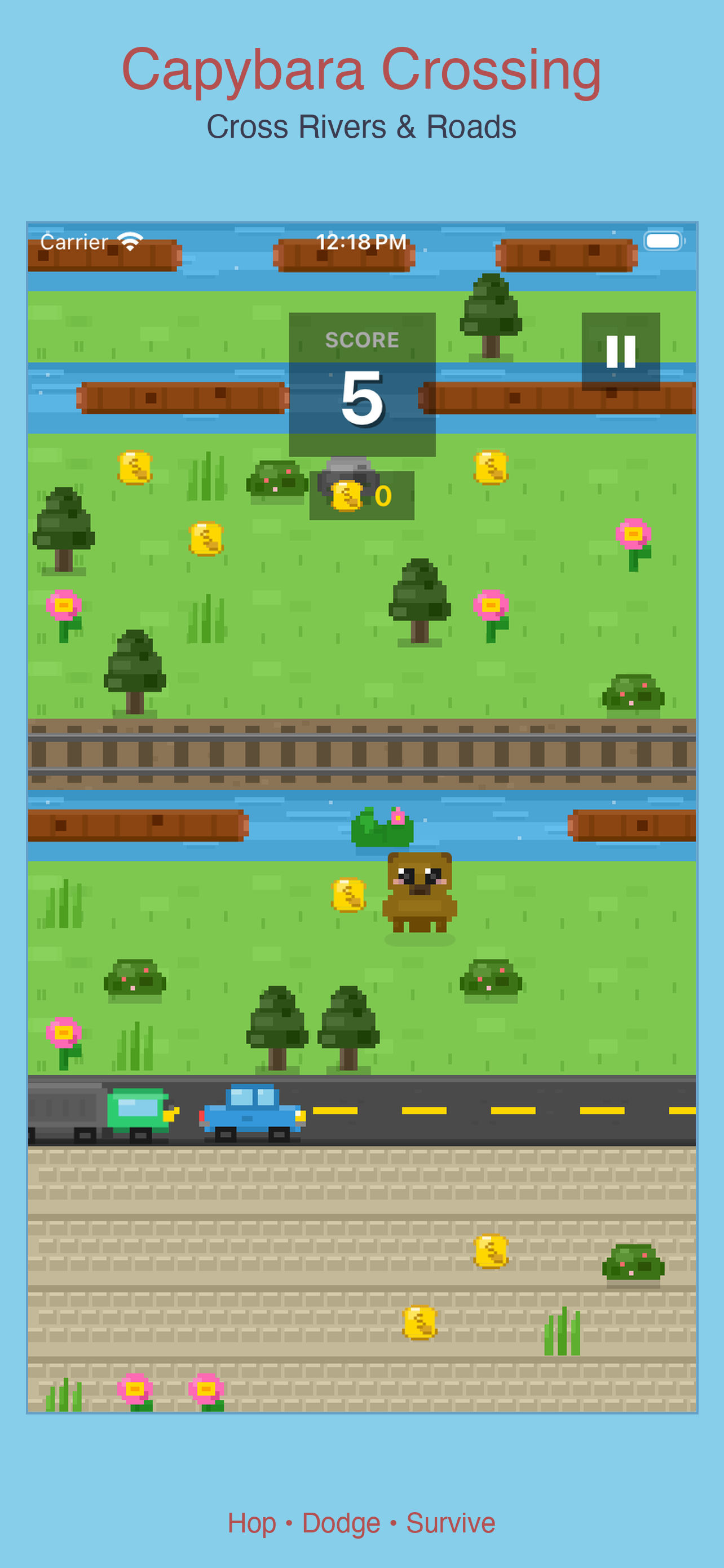 Capybara Crossing gameplay crossing rivers and train tracks on log platforms while collecting coins