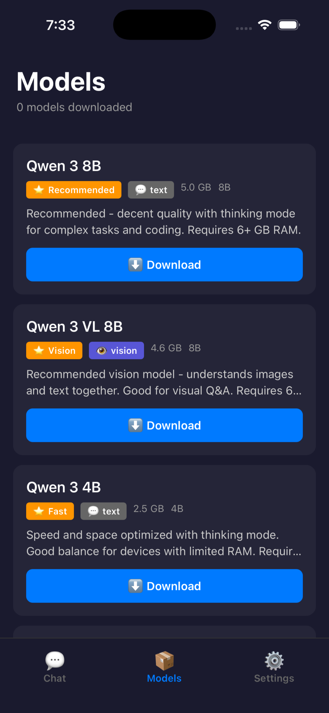 Personal LLM model list showing Qwen 3 8B, Qwen 3 VL 8B vision, and Qwen 3 4B with sizes and RAM requirements