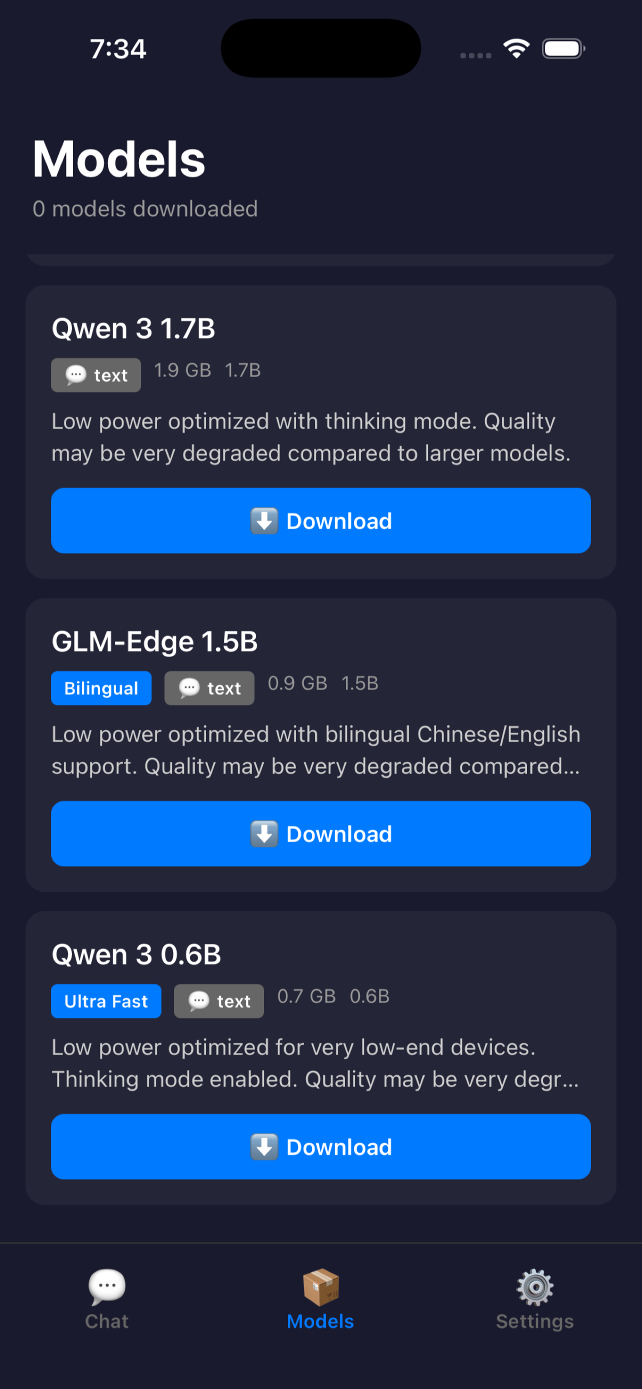 Personal LLM model list showing Qwen 3 1.7B, GLM-Edge 1.5B, and Qwen 3 0.6B on-device language models