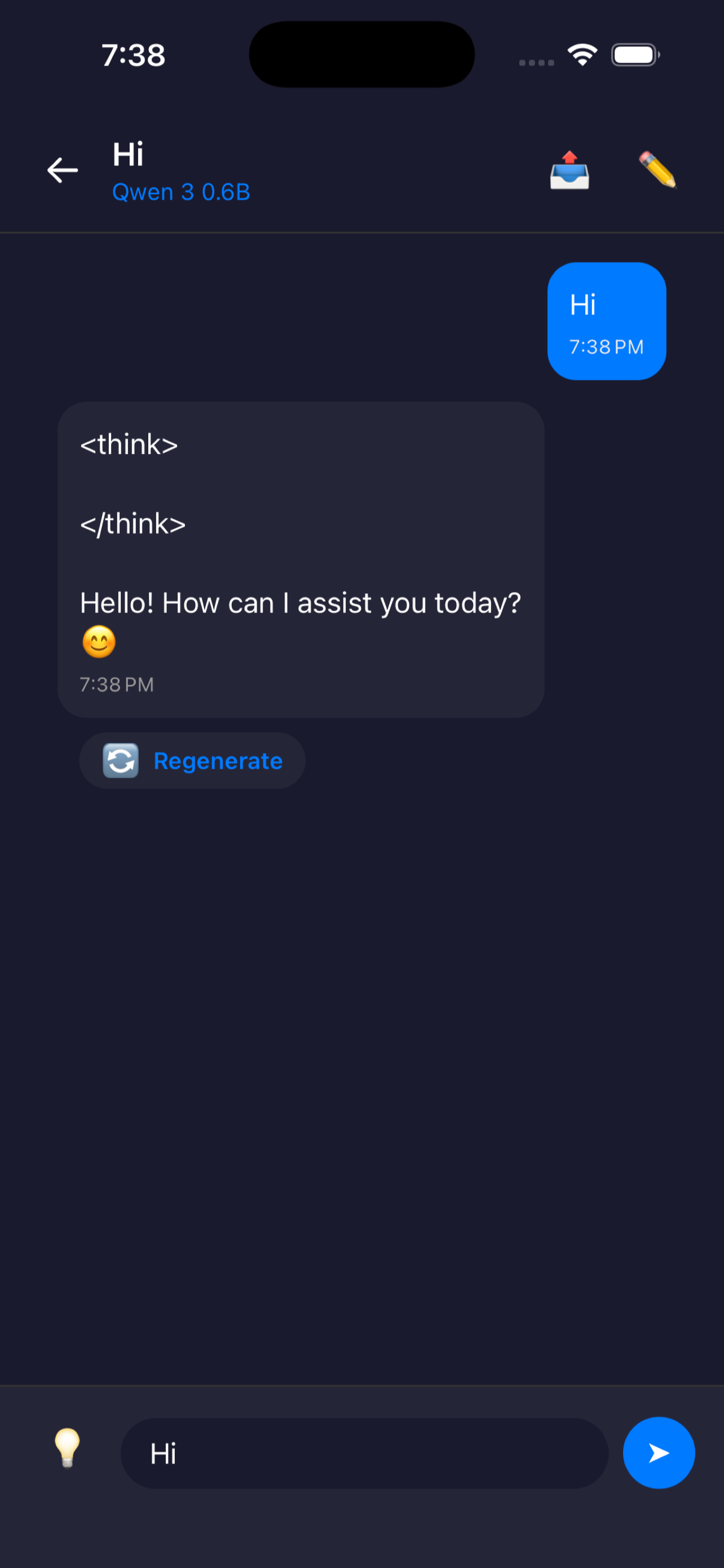 Personal LLM chat screen running Qwen 3 0.6B entirely on-device, replying to a message while offline