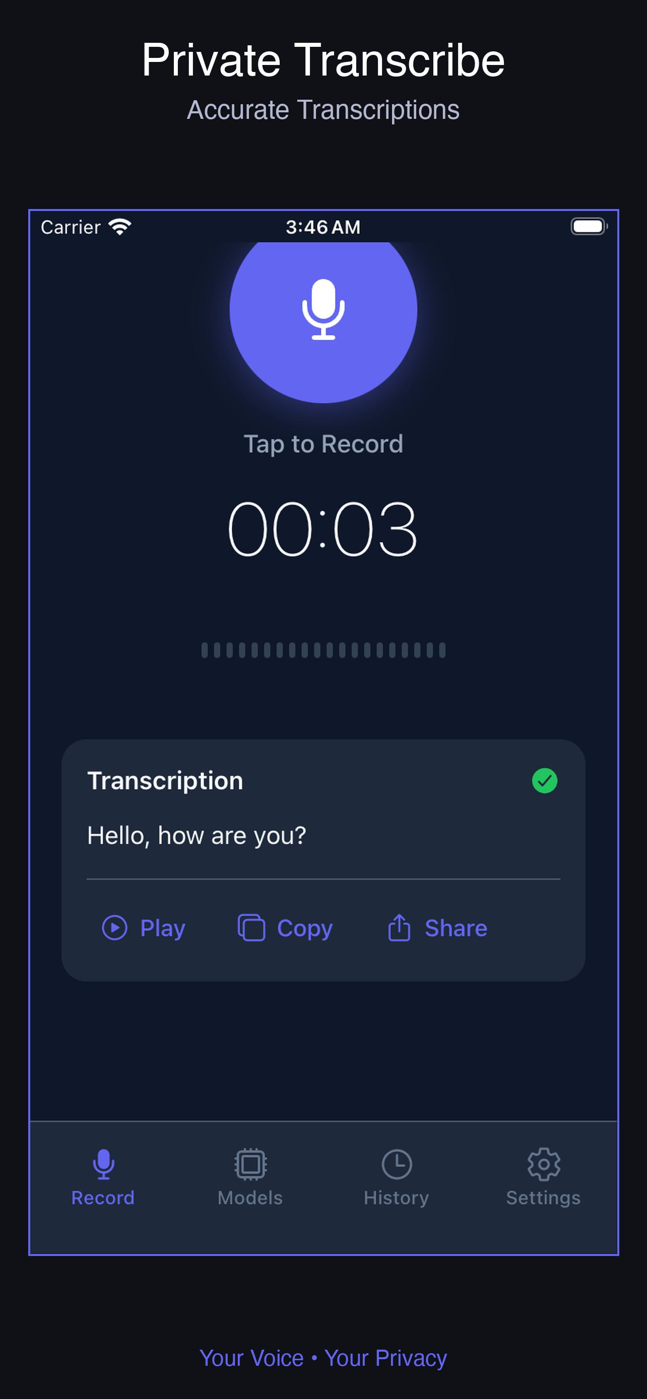 Private Transcribe recording screen with a tap-to-record button and an on-device transcription result offering play, copy, and share