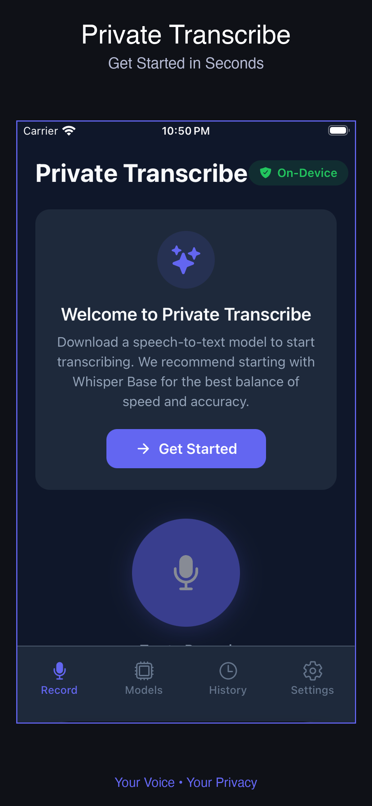 Private Transcribe welcome screen prompting the user to download a Whisper speech-to-text model, marked On-Device