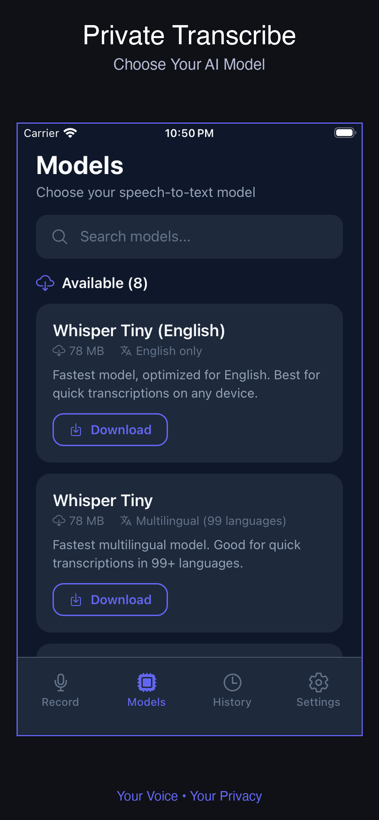 Private Transcribe model picker listing Whisper Tiny English and multilingual models with their download sizes